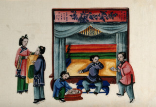 A baby is bathed while an attendant brings tea to the mother who is reclining on a settee..., 1800. Creator: Unknown.