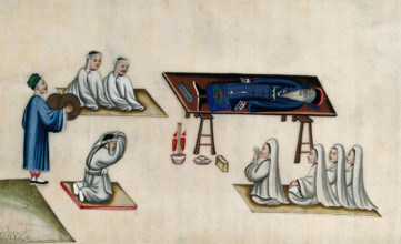 Chinese funeral customs: the body of an elderly man lies on a bier, attended by men and..., 1800. Creator: Unknown.