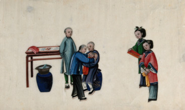 Chinese birth customs: a baby's head is shaved as part of the one month celebration..., 1800. Creator: Unknown.