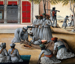 Indian men slaughtering a camel; a sheep being skinned in the background. Creator: Unknown.