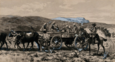 Boer War: wounded men transported in an ambulance cart drawn by oxen, 1900. Creator: George Soper.