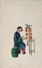 A woman displaying good luck tassels for sale, 1800. Creator: Unknown.