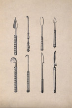 Surgical instruments, mainly spatulas and needles. Creator: Unknown.