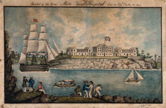 Malta: Royal Naval Hospital or Bighi Hospital, with sailors dancing on the shore, 1843. Creators: Charles de Brocktorff, Unknown.