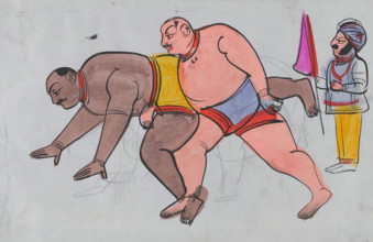 A pair a wrestlers with referee. Creator: Unknown.