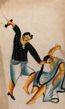Domestic violence: a husband holding his wife by the hair about to strike her with a shoe... Creator: Unknown.