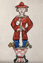 A man pounding a mixture with a pestle and mortar - an emblem from a drug jar. Creator: Unknown.