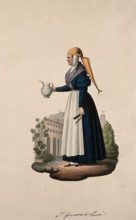 A nun wearing her habit holding a jug in the grounds of her convent. Creator: Unknown.