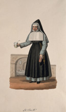 A nun in her habit carrying medicine and her Bible, with her hospital behind her. Creator: Unknown.