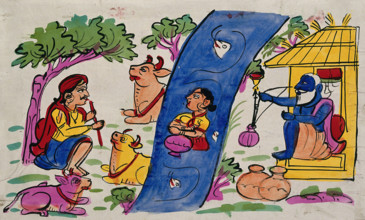Krishna playing his flute to the cows and Radha who is immersed in the river... Creator: Unknown.