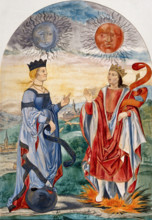 A moon above a queen dressed in blue, and a sun above a king dressed in red..., 1900-1909. Creator: Edith Annie Ibbs.