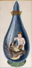 A putto pours a phial into a dragon's mouth, pumping a bellows with his other hand..., 1900-1909. Creator: Edith Annie Ibbs.