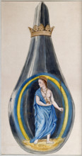A queen dressed in blue, representing mercury, in a crowned alchemical flask, 1900-1909. Creator: Edith Annie Ibbs.