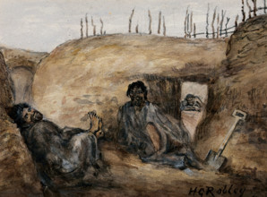 Maori warrior Reweti and a wounded comrade in the Gate Pa pits, 30 April 1864, (1864?). Creator: Major HG Robley.