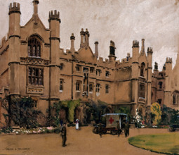 World War I: a neo-Gothic building used as a hospital, with an ambulance.., c1910s. Creator: Walter Ernest Spradbery.