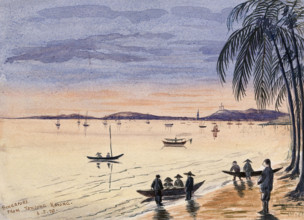 Singapore: view towards Singapore from the beach at Tanjong Katong at sunset, 1879. Creator: John Edmund Taylor.
