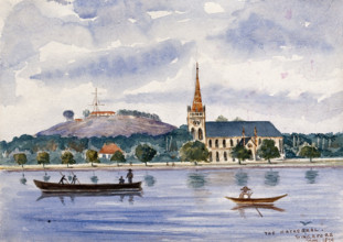 Singapore: view across the harbour to Fort Canning and the cathedral, 1879. Creator: John Edmund Taylor.