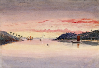 Singapore: evening view of the entrance to the harbour, 1879. Creator: John Edmund Taylor.
