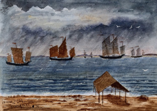 Singapore: Chinese junks in the rain at Tanjong Katong, 1879. Creator: John Edmund Taylor.
