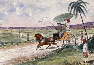Malaya: a pony and trap being driven down a country road, 1879. Creator: John Edmund Taylor.