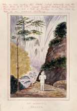 Malaya: a man at the foot of a huge waterfall on Penang Island, 1879. Creator: John Edmund Taylor.