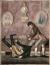 A wealthy patient falls over having a tooth extracted with vigour by a fashionable dentist, 1790. Creator: Unknown.