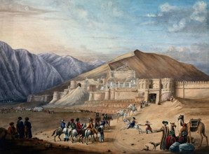Horsemen assembled outside the city walls at Kabul, Afghanistan. Creator: Unknown.