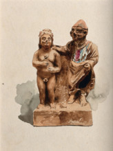 Clay figures, the right one clothed and placing his hand on the left one, who is naked... Creator: Unknown.