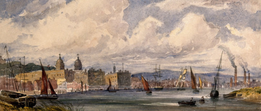 Royal Naval Hospital Greenwich, viewed from afar with many ships in the foreground. Creator: Unknown.