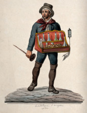 A street vendor of brandy is carrying a tray with bottles and glasses in it, 1800-1899. Creator: Unknown.