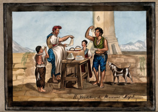 A young man and two smaller children in Naples stand around the stall of a man selling..., 1800-1899 Creator: Unknown.