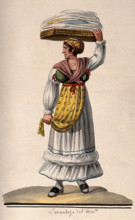 A woman is holding a large flat basket of washing on her head. Creator: Unknown.