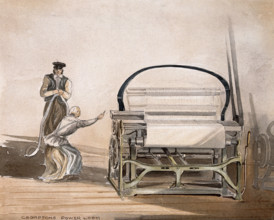 Textiles: Crompton's belt-driven power loom, with a man standing by and a woman working. Creator: Unknown.