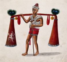 India: a man with a crutch carrying tubes decorated with bells and..., (between 1800 and 1899?). Creator: Unknown.