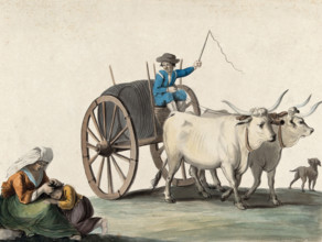 A man driving a cart pulled by two oxen; in the left foreground a woman picks fleas from a boy's hea Creator: Unknown.