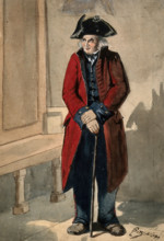 A Chelsea Pensioner standing in the hall at the Royal Hospital, leaning on his stick, c1680s.. Creator: Sir Christopher Wren.