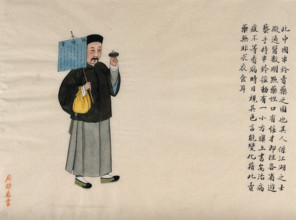 A medicine seller: shaking a rattle to attract attention, and carrying a notice and a cloth..., 1890 Creator: Pei Qun Zhou.