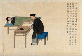 A dying (?) man dictates his will (?) to a scribe seated at a table by his bedside, 1890. Creator: Pei Qun Zhou.