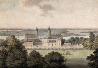 The Royal Naval Hospital and the Queen's House, Greenwich, the Isle of Dogs beyond, c1800s.. Creator: George Samuel.
