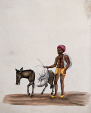 A man walking along with a donkey carrying a heavy load, (between 1800 and 1899?). Creator: Unknown.