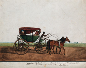 Four people travelling in a carriage drawn by two horses, (between 1800 and 1899?). Creator: Unknown.