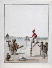 A man conducting a monkey show on the street, watched by some children, (between 1800 and 1899?). Creator: Unknown.