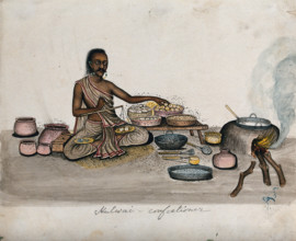 A halwai (sweet maker) weighing some mithai (sweets), (between 1800 and 1899?). Creator: Unknown.