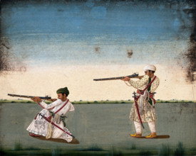 Two Indian soldiers (?) take aim and fire their rifles, (between 1800 and 1899?). Creator: Unknown.
