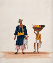 A man carrying two ducks followed by a servant carrying a basket of fruit, (between 1800 and 1899?). Creator: Unknown.