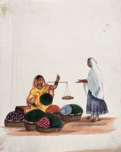 A woman weighing vegetables for a female customer, (between 1800 and 1899?). Creator: Unknown.