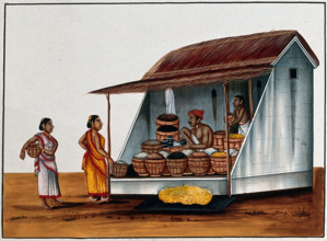Two women at a shop selling grains and pulses, (between 1800 and 1899?). Creator: Unknown.