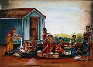 Women grinding and sieving grain into flour, (between 1800 and 1899?). Creator: Unknown.