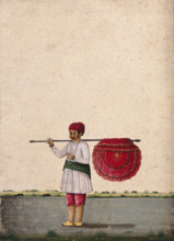 An Indian bearer holding a large, richly decorated fan or banner..., (between 1800 and 1899?). Creator: Unknown.