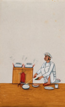 A servant serves food from a degchi (pot), while two other dishes are..., (between 1800 and 1899?). Creator: Unknown.